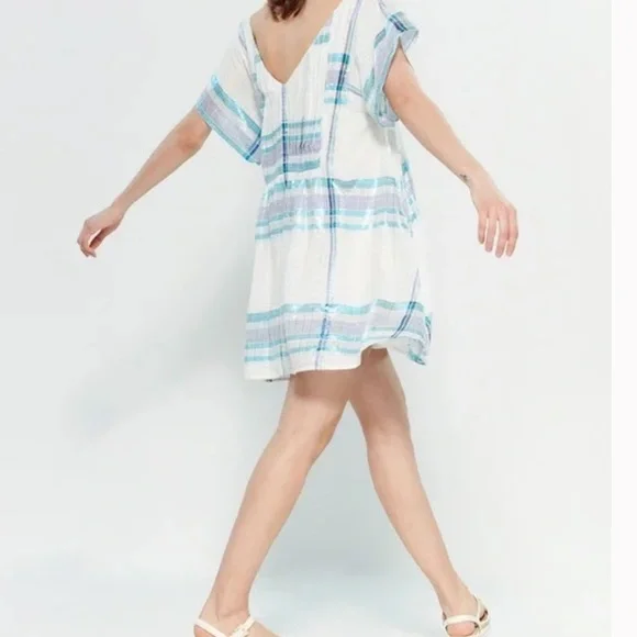 Free People Barcelona Plaid Shimmer Mini Dress Ivory Metallic Stripes Boho - Picture 4 of 11